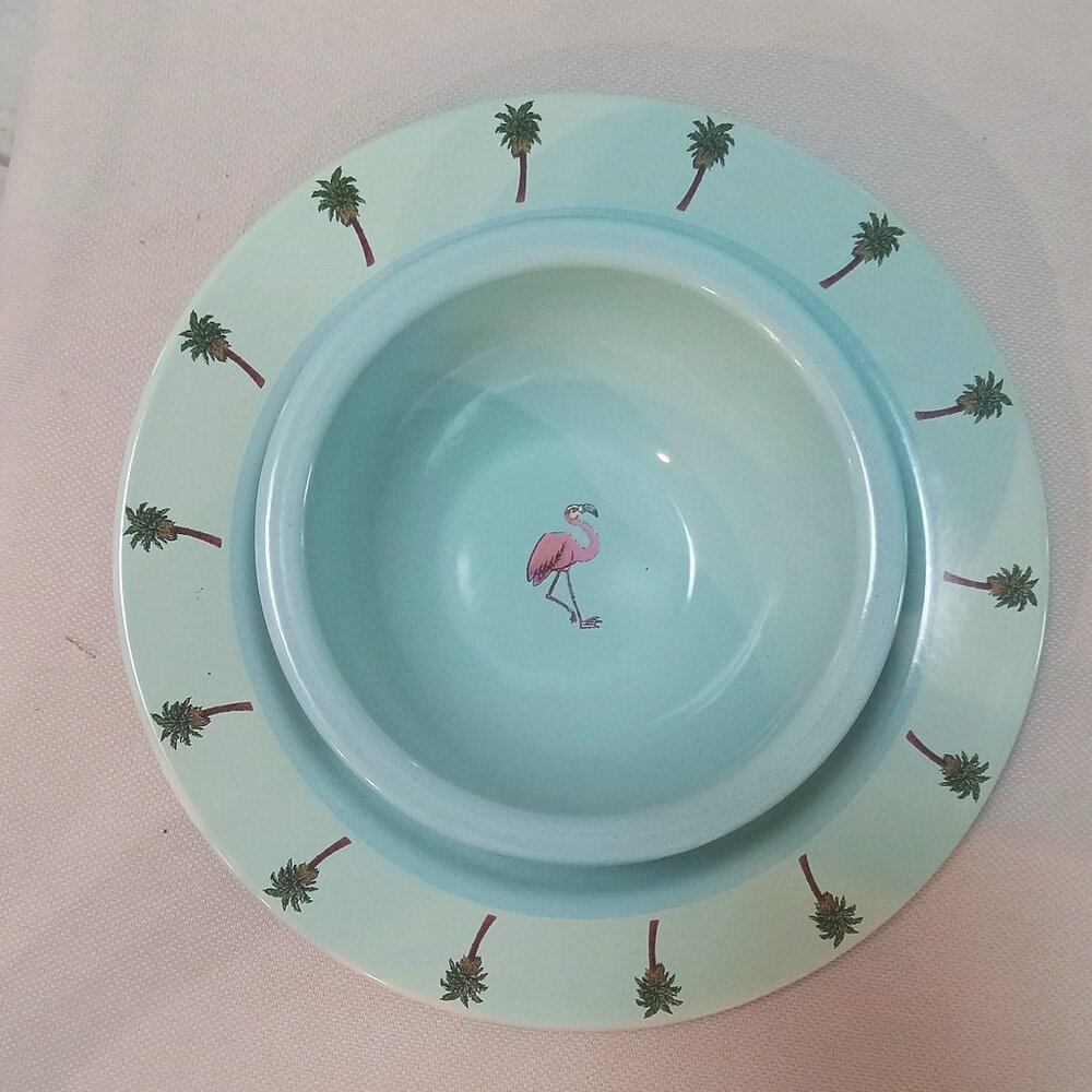VTG "Marble Canyon" Retired Turquoise Flamingo Palm Tree Enamelware Plate & Bowl